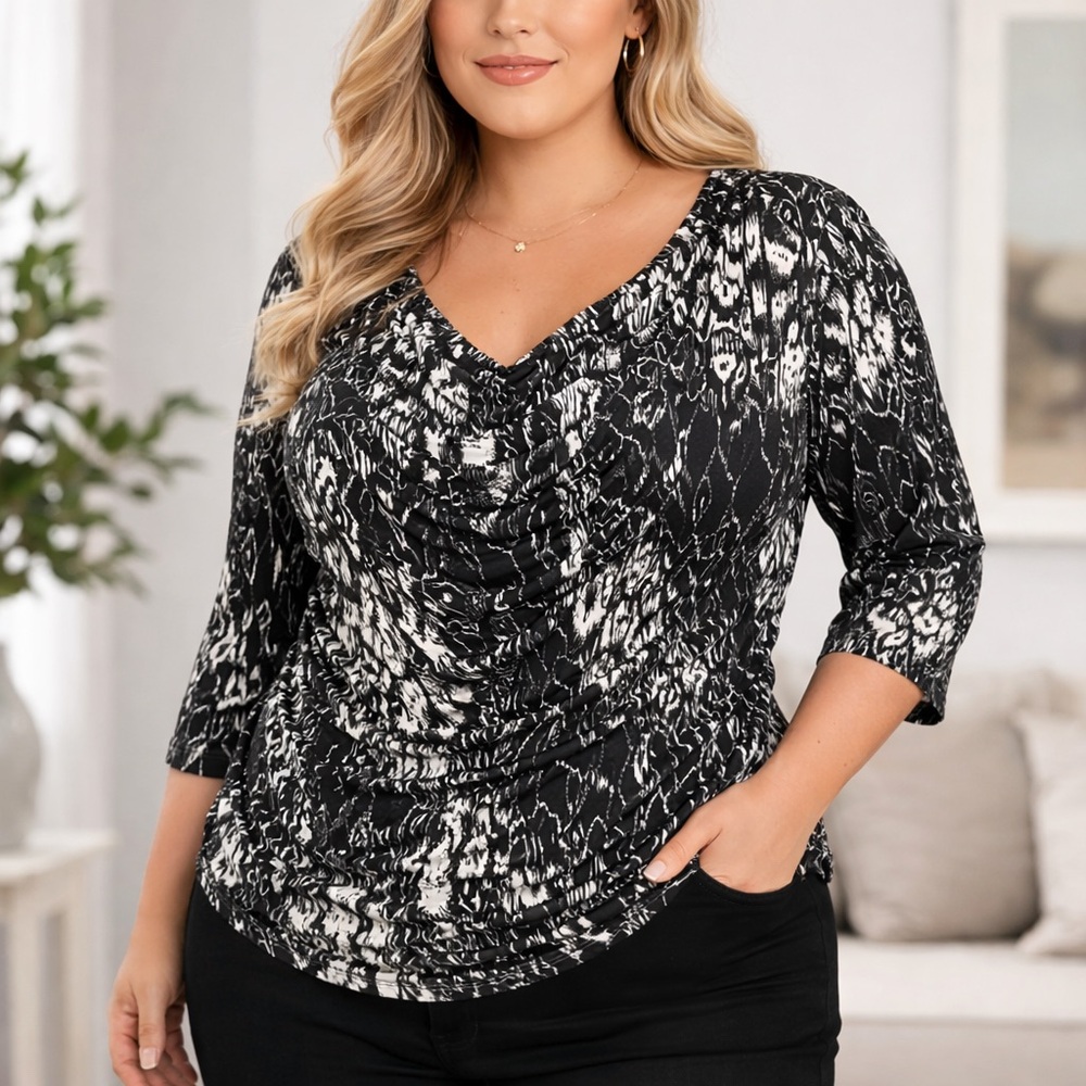 Plus Size 3XL Black White Abstract Ruffle Neck 3/4 Sleeve Blouse